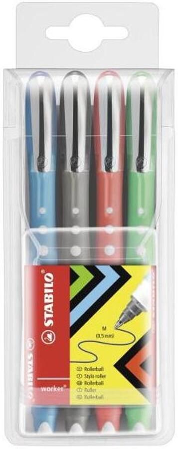 STABILO Worker colorful Rollerbalpen Zwart Blauw Groen Rood 4 stuks
