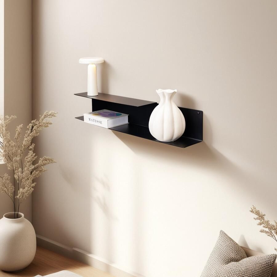 Stalux Dubbele wandplank 'Riser' 90cm kleur zwart gepoedercoat staal 100% recyclebaar uniek design topkwaliteit gemaakt in Nederland fotolijstplank zwart metaal boekenplank zwart