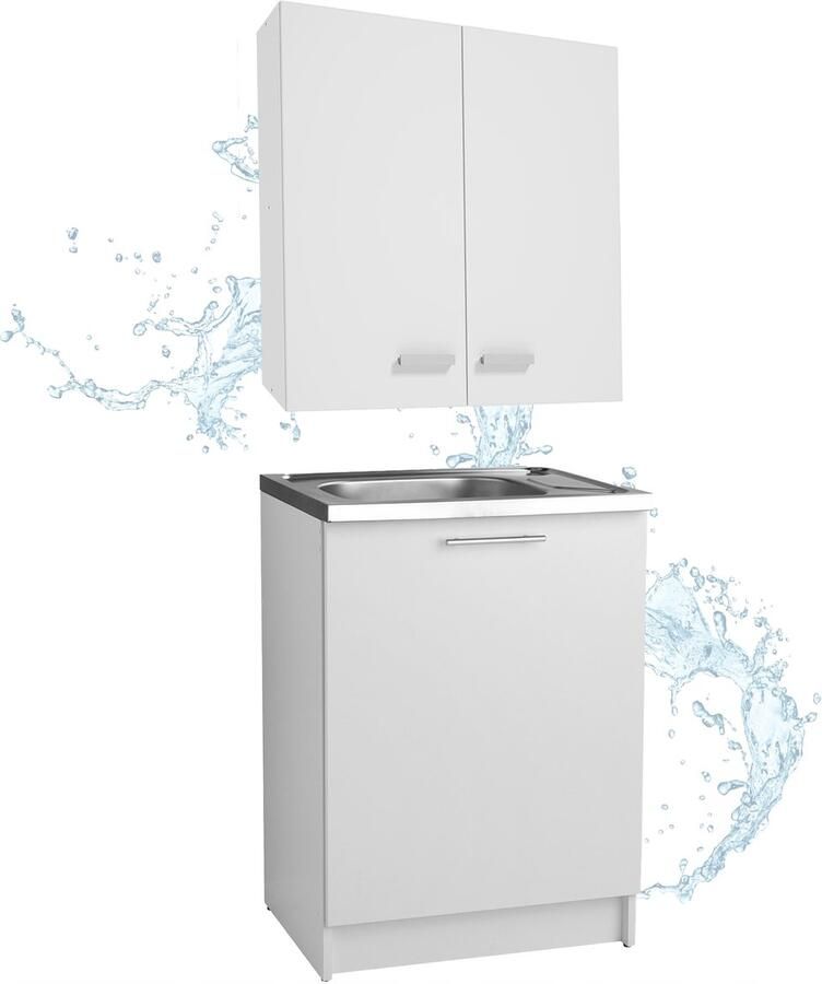 STAMAR Keuken Wandkast 60x50 cm + Staande Kast 60x50 cm + Spoelbak + Sifon Wit