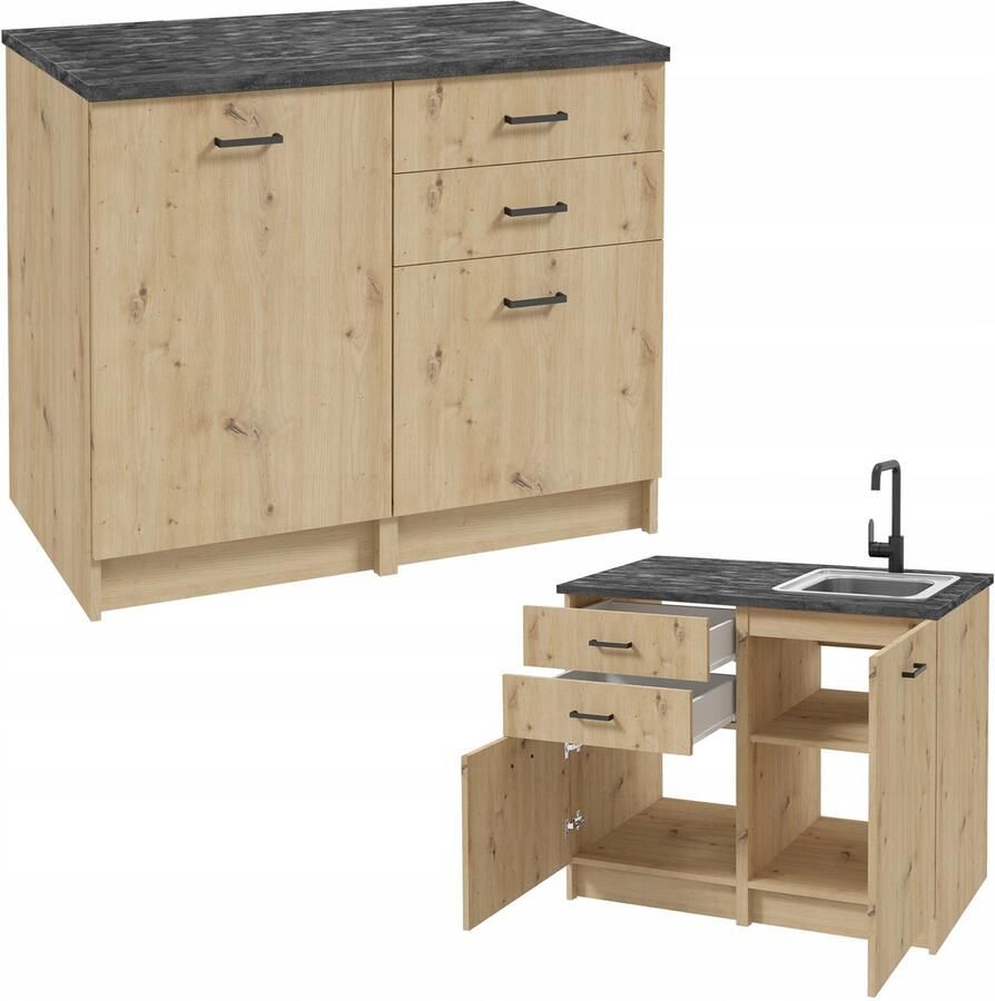 STAMAR Keukenkast 100cm met Kasten + Aanrechtblad + Laden Keuken meubel Eik artisan