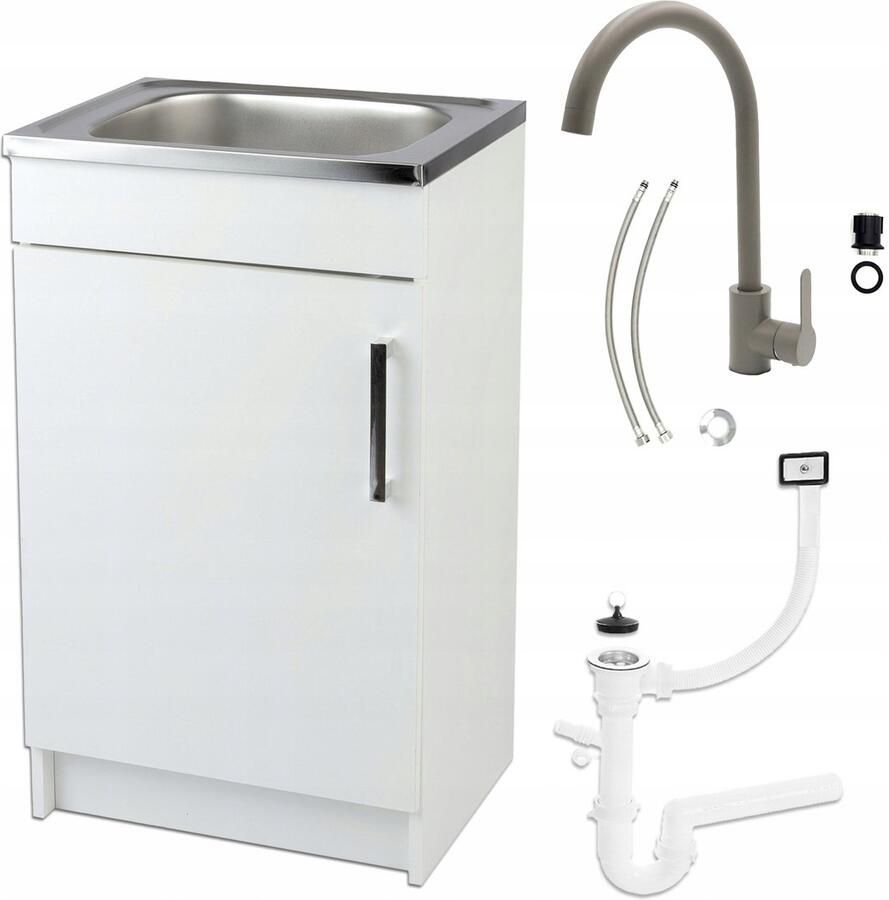 STAMAR Keukenkast 50x40 cm met Spoelbak Kraan Olijf Hoog Afvoer. Wit