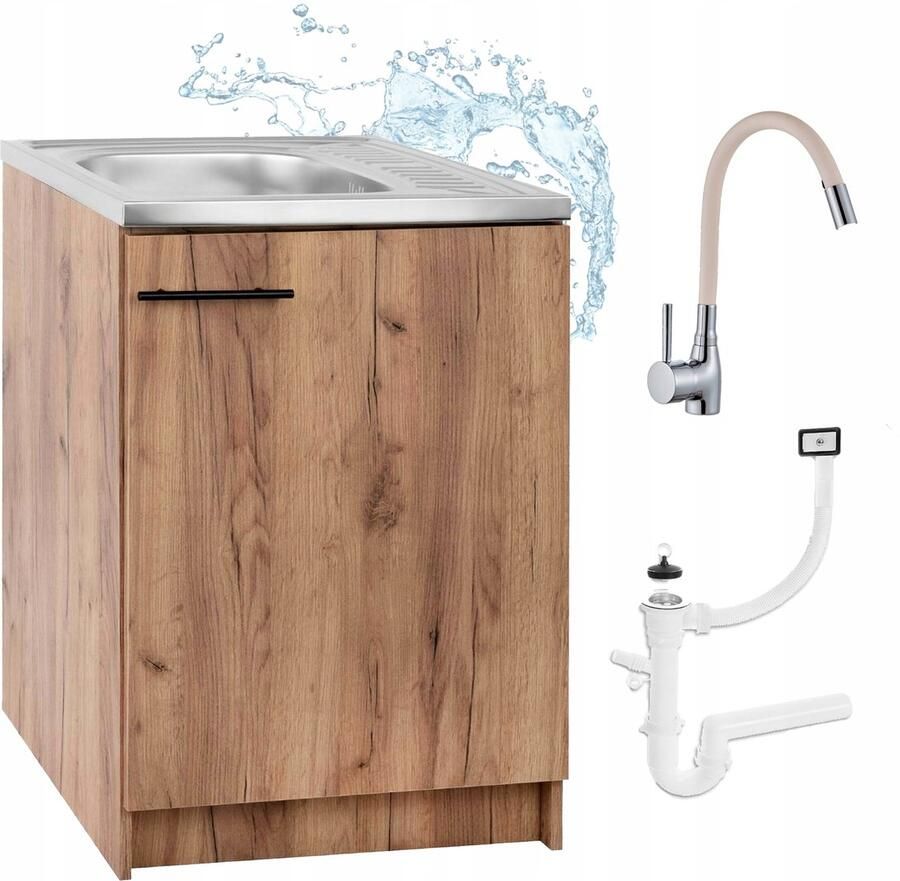 STAMAR Keukenkast 60cm met Wastafel + Wastafelkraan Keuken meubel Eik Goud