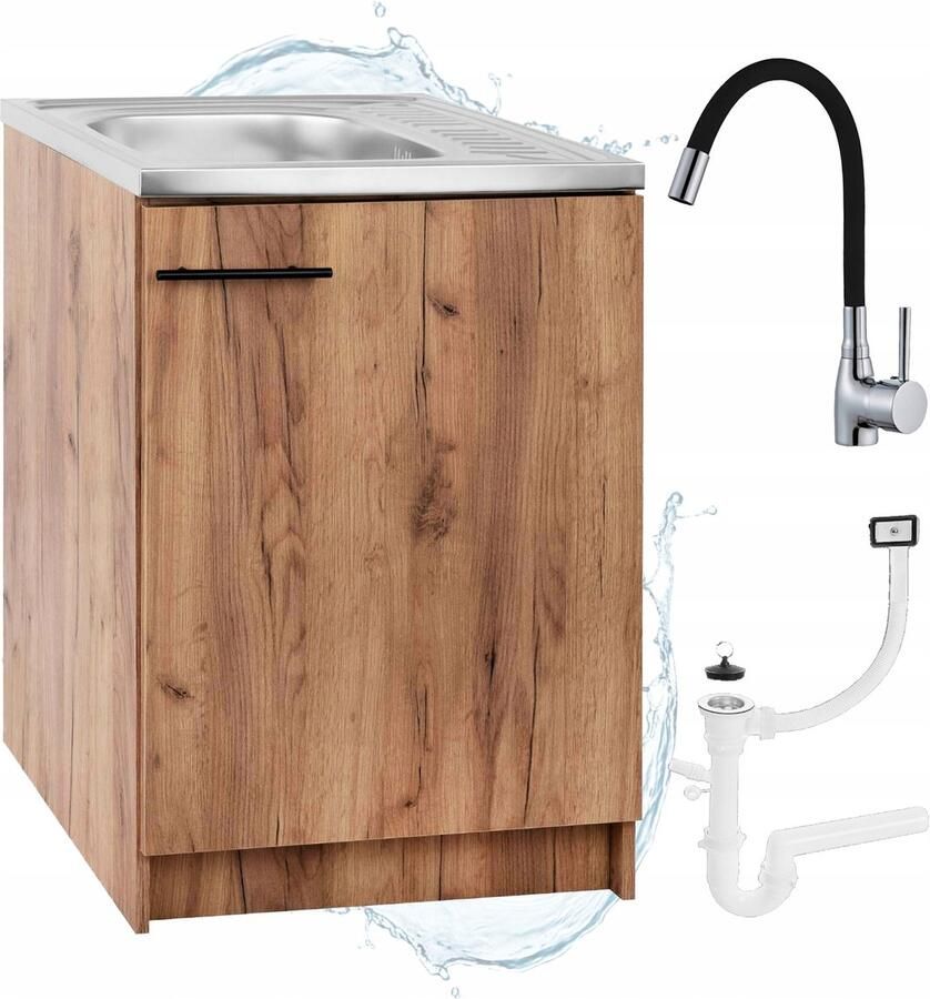 STAMAR Keukenkast 60cm met Wastafel + Wastafelkraan Keuken meubel Eik Goud