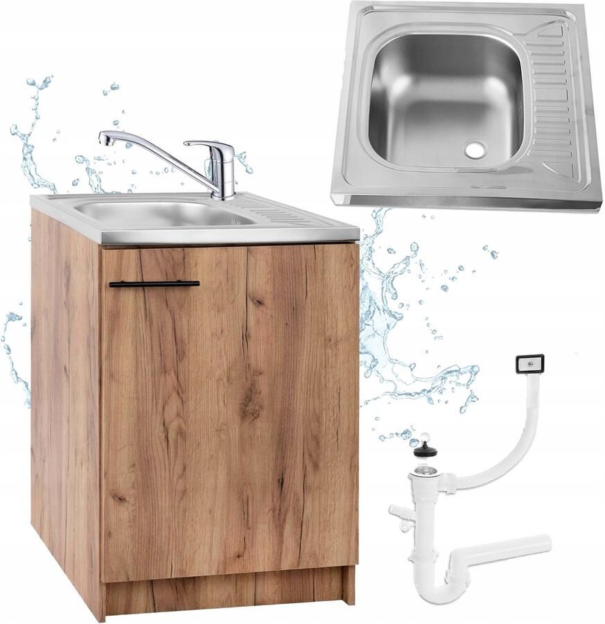 STAMAR Keukenkast 60x50 cm + Deante Spoelbak + Chroom Kraan Afvoer Eik Gouden