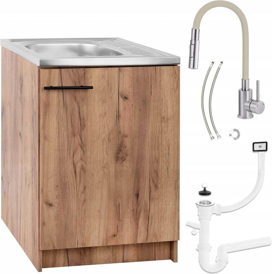 STAMAR Keukenkast 60x50 cm met Spoelbak Deante Kraan Beige Flexibel 2in1 Eik Gouden