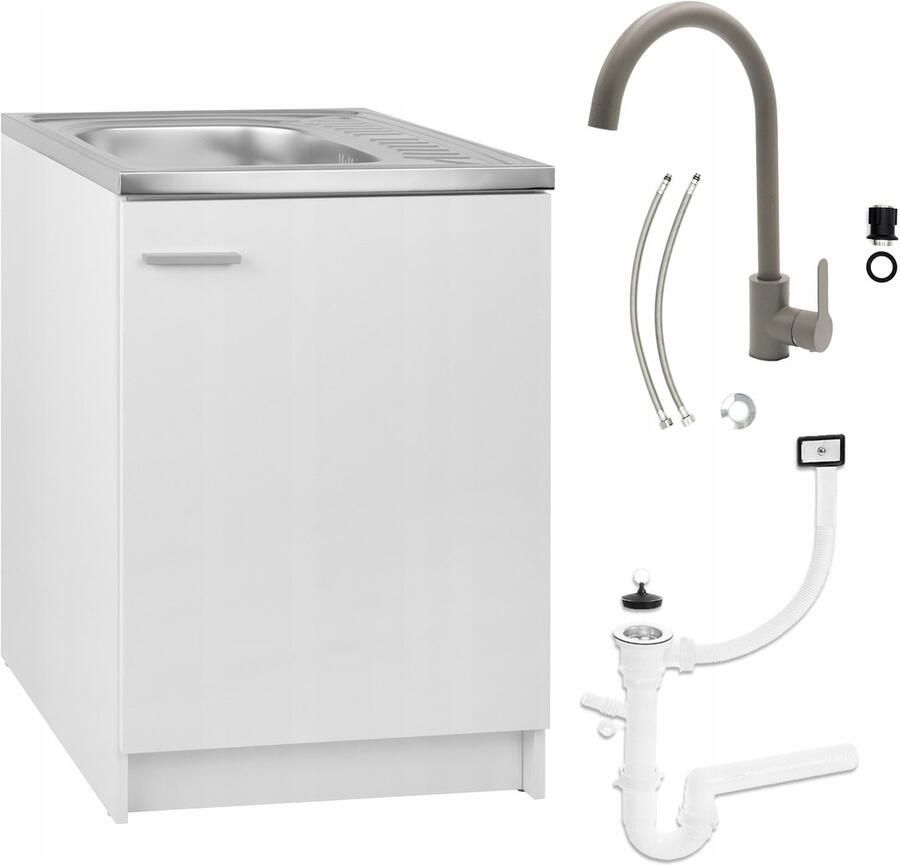 STAMAR Keukenkast 60x50 cm met Spoelbak Kraan Olijf Hoog Afvoer Wit