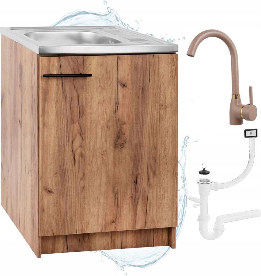 STAMAR Keukenkast 60x50 cm Onder Gootsteen Grote Kom Kraan Beige Afvoer Eik Gouden