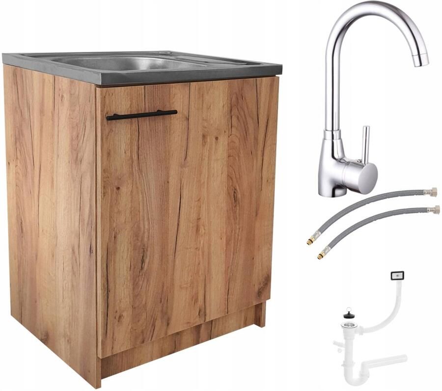 STAMAR Keukenkast 60x50 cm + spoelbak grote kom + hoge kraan sifon Eik Gouden