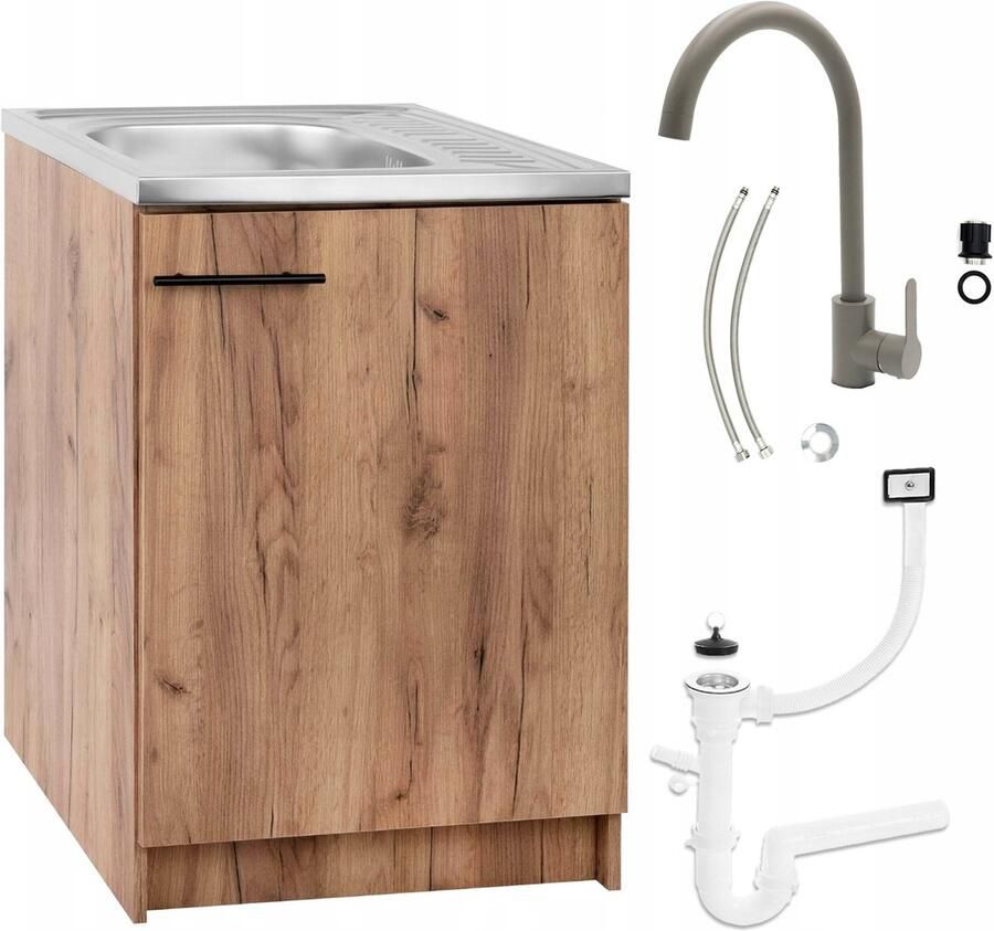 STAMAR Keukenkast 60x50 cm Spoelbak Kraan Olijf Hoog + Sifon Eik Gouden