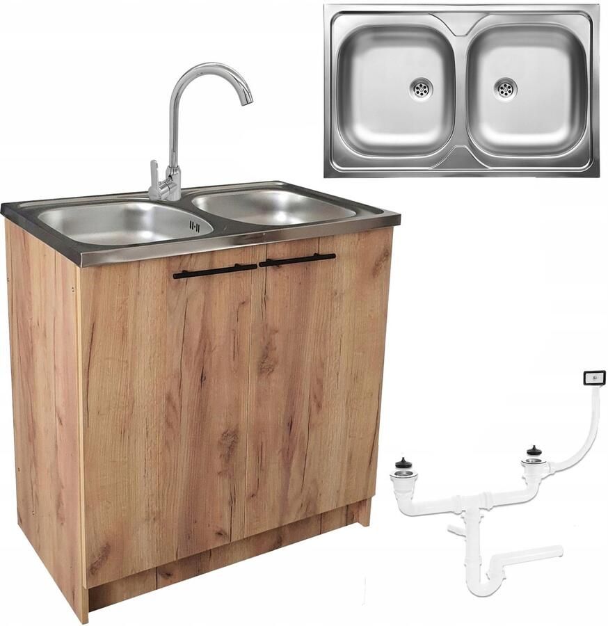 STAMAR Keukenkast 80 cm Dubbele Kom Hoge Chroom Kraan Gouden