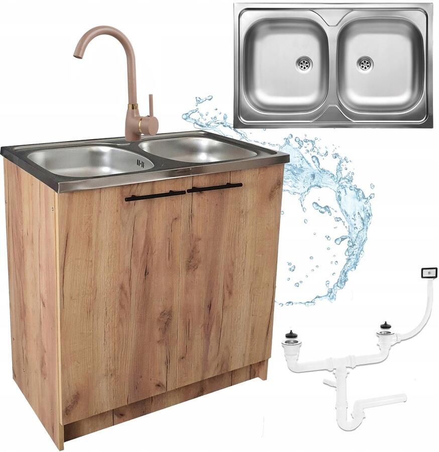 STAMAR Keukenkast 80 cm Dubbele Wasbak Hoge Kraan Beige