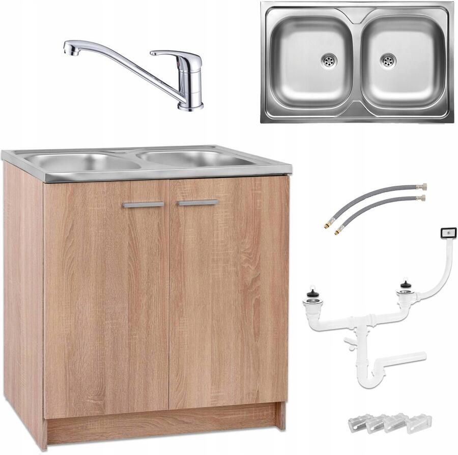 STAMAR Keukenkast 80 cm Spoelbak 2 Compartimenten Kraan Afvoerbeugel Eik