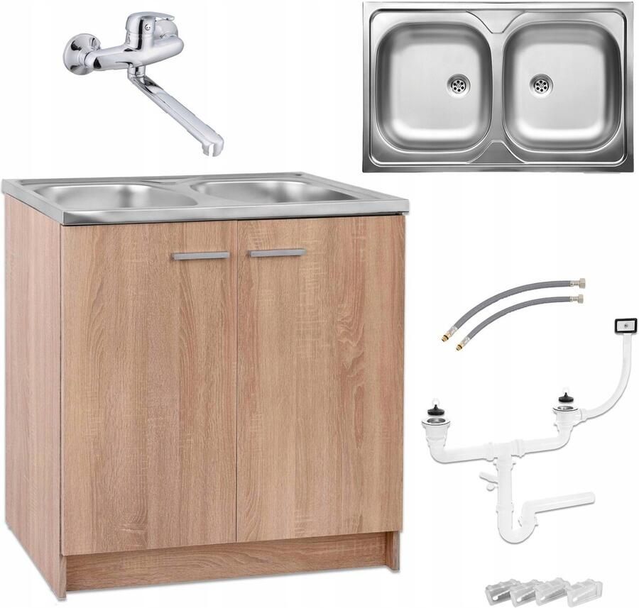 STAMAR Keukenkast 80 Spoelbak 2 Kompartimenten Wandkraan Afvoerbeugel Eik