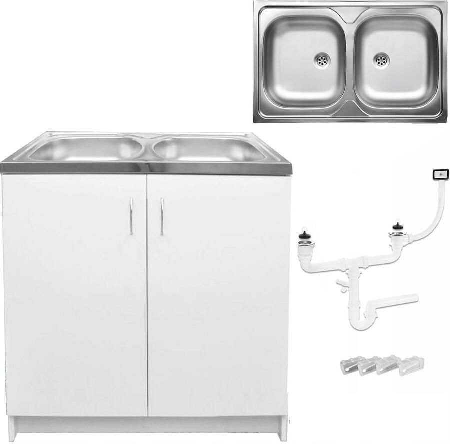 STAMAR Keukenkast 80 x 50 cm + Dubbele Wasbak + Afvoer dla Vaatwasser Wit