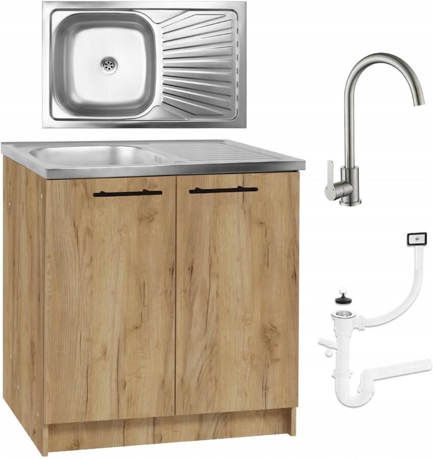 STAMAR Keukenkast 80cm Onderkast met Spoelbak met één compartiment + kraan + sifon Eiken Goud - Foto 2