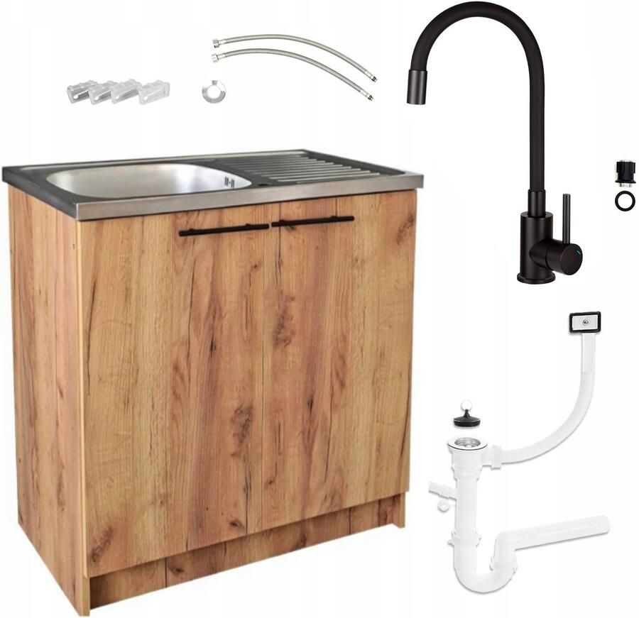 STAMAR Keukenkast 80cm + Spoelbak + Deante Zwarte Flexibele Kraan Eiken Goud