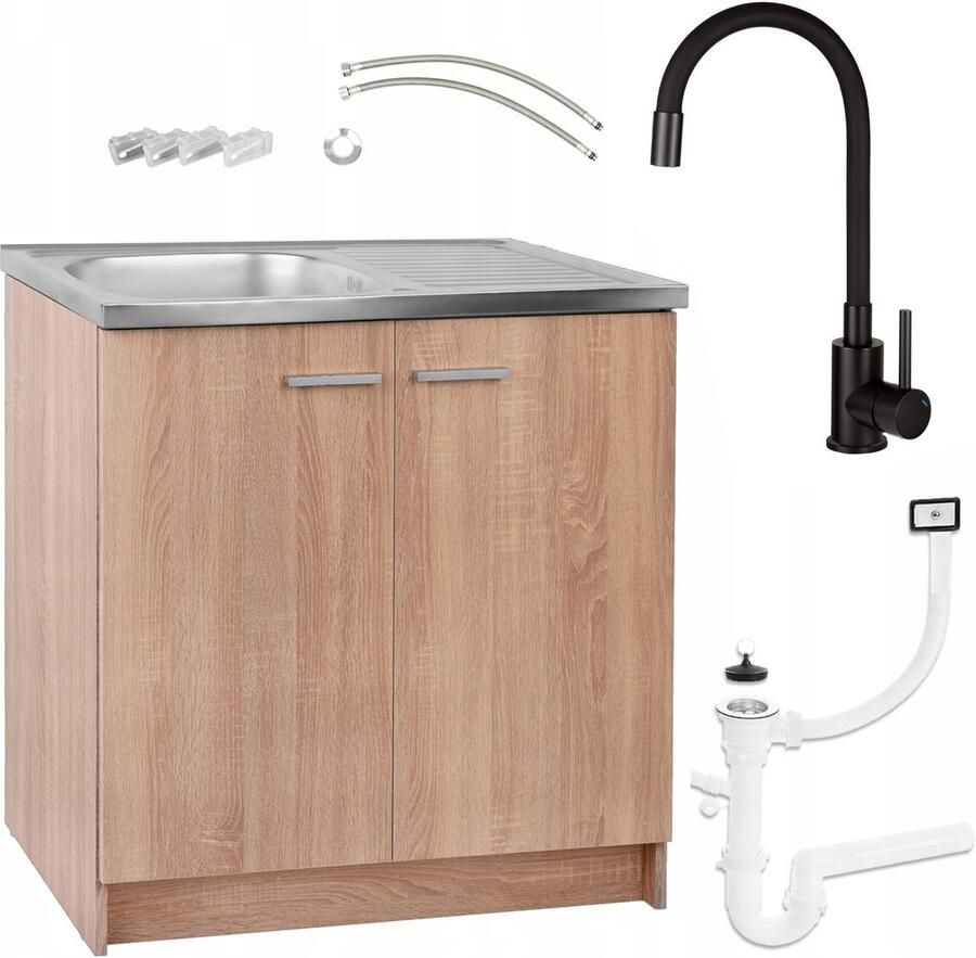 STAMAR Keukenkast 80cm + Spoelbak + Deante Zwarte Flexibele Kraan Eiken Sonoma