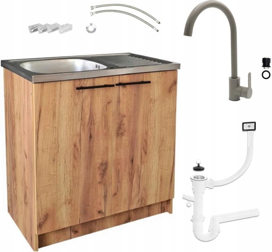 STAMAR Keukenkast 80cm Spoelbak Hoge Kraan Bevestigingen Eiken Goud