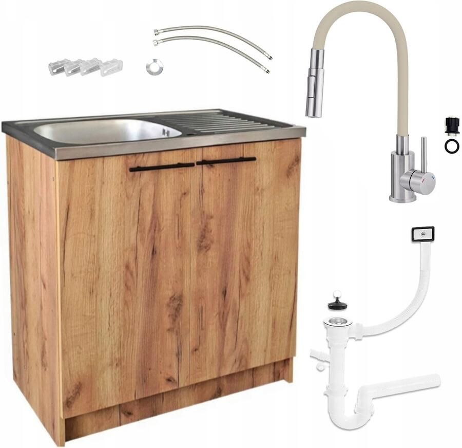 STAMAR Keukenkast 80cm Spoelbak Kraan Deante Flexibel 2in1 Sifon Eik