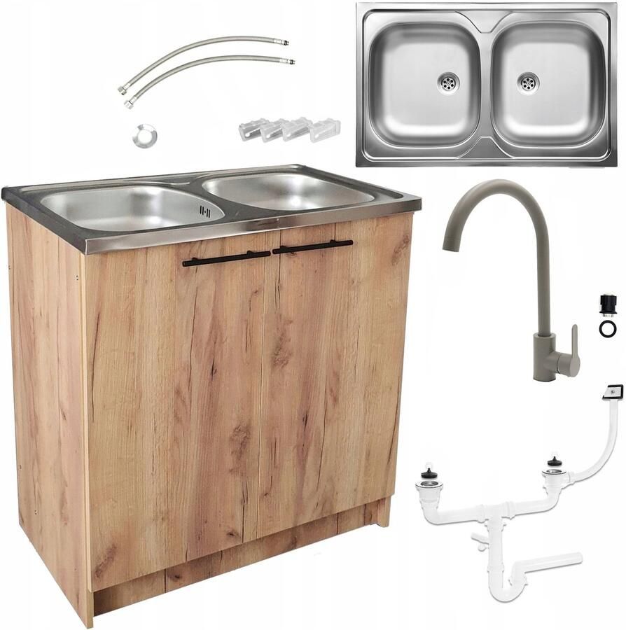 STAMAR Keukenkast 80x50 Spoelbak 2 Kompartimenten Hoge Kraan Sifon Gouden