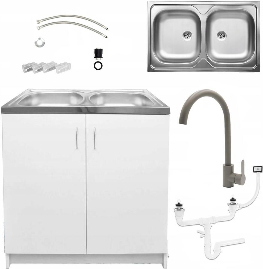 STAMAR Keukenkast 80x50 Spoelbak 2 Kompartimenten Hoge Kraan Sifon Olijfgroen