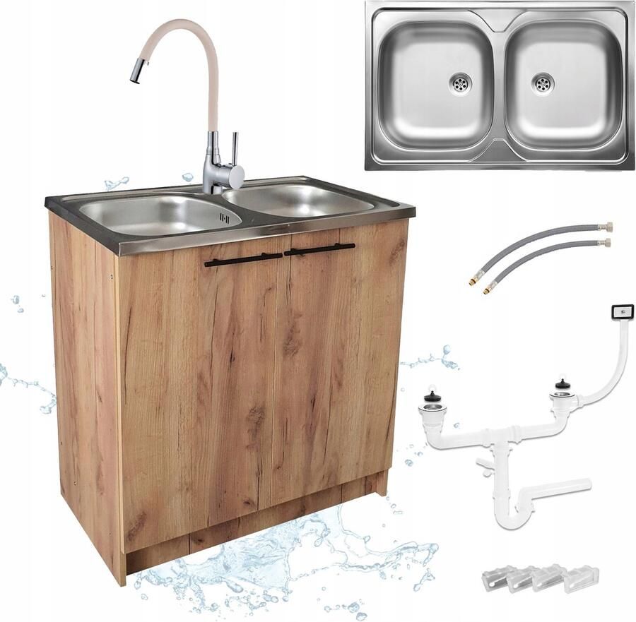 STAMAR Keukenkast Eiken 80 Spoelbak 2 Kompartimenten Kraan Elast Sifon Bevestiging Gouden