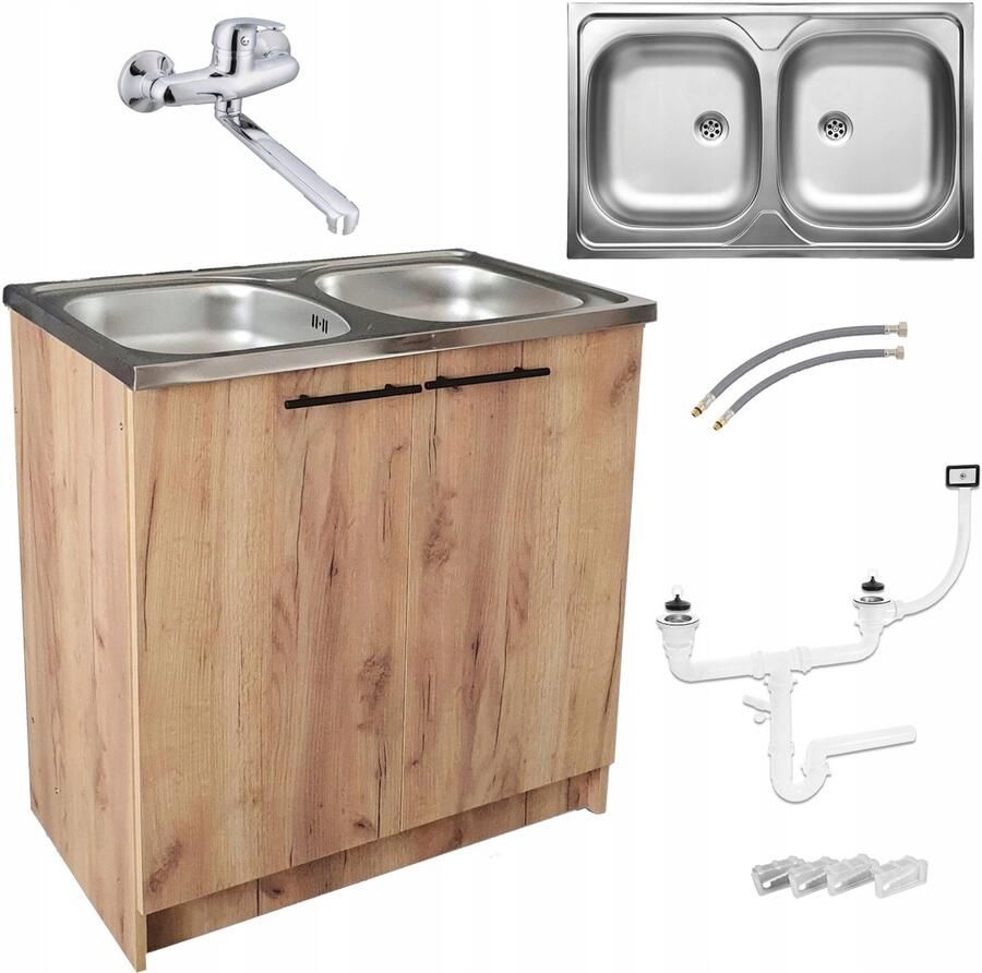 STAMAR Keukenkast Eiken 80 Spoelbak 2 Kompartimenten Wandkraan Chroom Bevestigingen Gouden