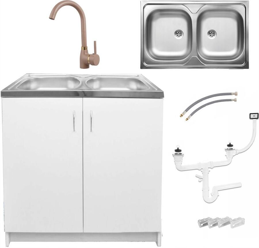 STAMAR Keukenkast Spoelbak 2 Kompartimenten 80 Hoge Kraan Afvoer Bevestiging Beige