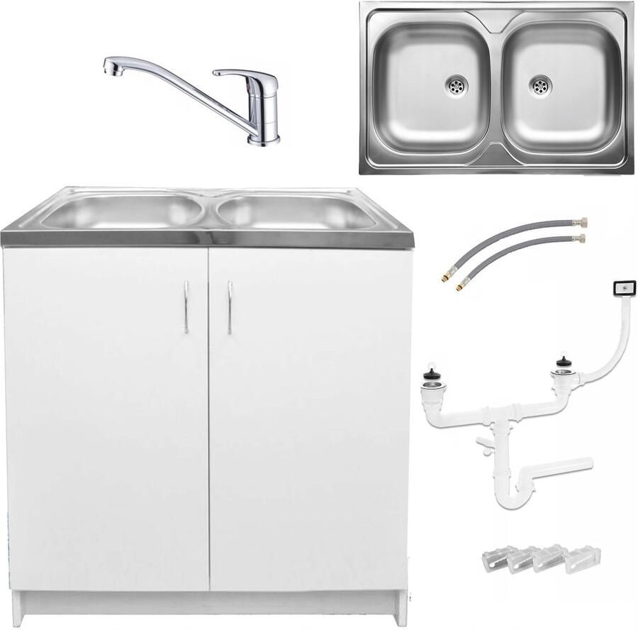 STAMAR Keukenkast Spoelbak 2 Kompartimenten 80 Kraan Chroom Afvoer Bevestigingen Wit