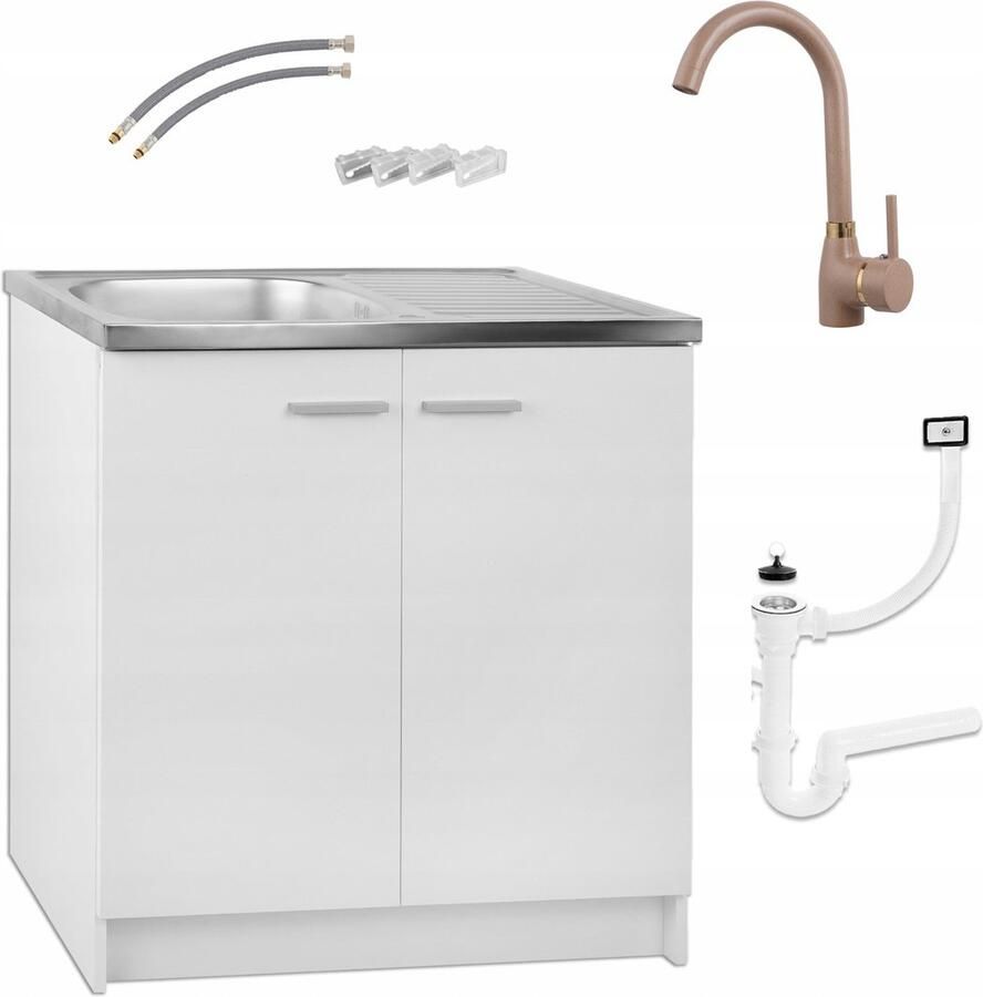 STAMAR Keukenkast Staand 80 cm + Spoelbak + Hoge Kraan Beige + Sifon keuken kast Beige