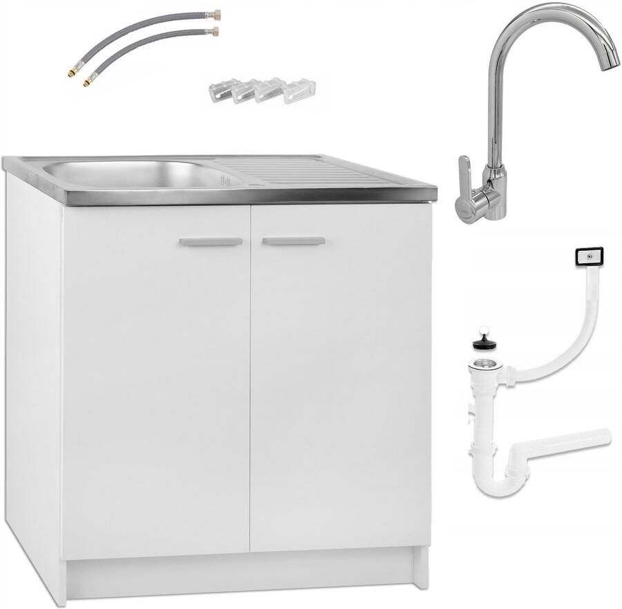 STAMAR Keukenkast Staand 80 Spoelbak Hoge Kraan Bevestigingen Wit