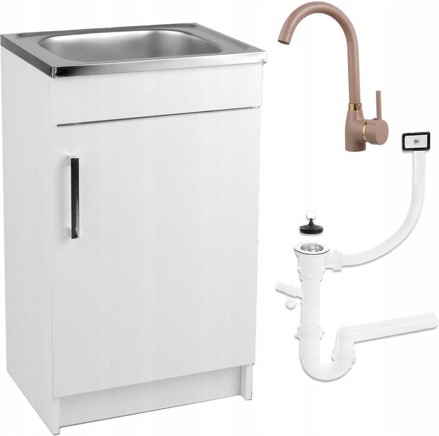 STAMAR Keukenkast + Wasbak 50x40 cm + Beige Draaiende Kraan + Sifon Wit