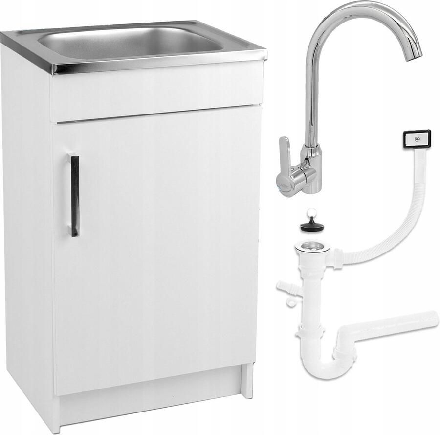 STAMAR Keukenkast + Wasbak 50x40 cm + Hoge Chroomkraan + Sifon Wit