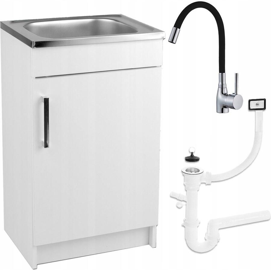 STAMAR Keukenkast + Wasbak 50x40 cm + Zwarte Kraan Elast + Sifon Wit