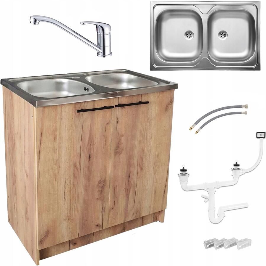 STAMAR Keukenmeubel 80cm + Tweekamerige Wasbak Draaibare Kraan Sifon Eiken Goud