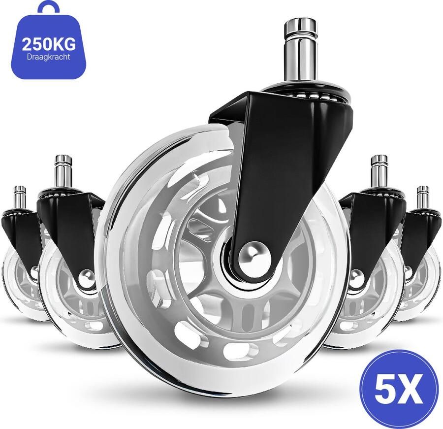 Stane Bureaustoel Wieltjes Bureaustoelwielen Zwenkwielen 11mm Set van 5 Thuiswerken zonder Bureaustoelmat of Vloerbeschermer Grijs