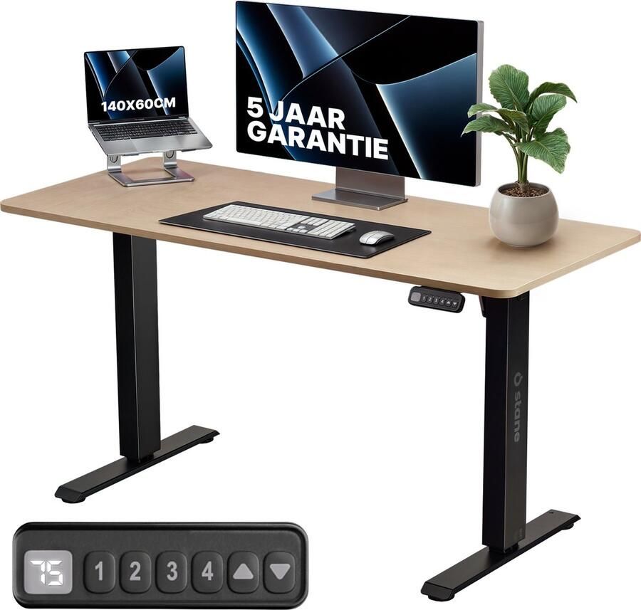 Stane Zit Sta Bureau Elektrisch Verstelbaar 4 Geheugen Standen Incl. Kabelgoot 140 x 60 cm 5 Jaar Garantie Grijs Eiken
