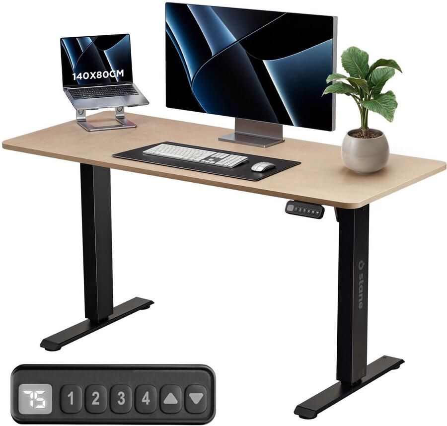 Stane Zit Sta Bureau Elektrisch Verstelbaar 4 Geheugen Standen Incl. Kabelgoot 140 x 80 cm 5 Jaar Garantie Grijs Eiken