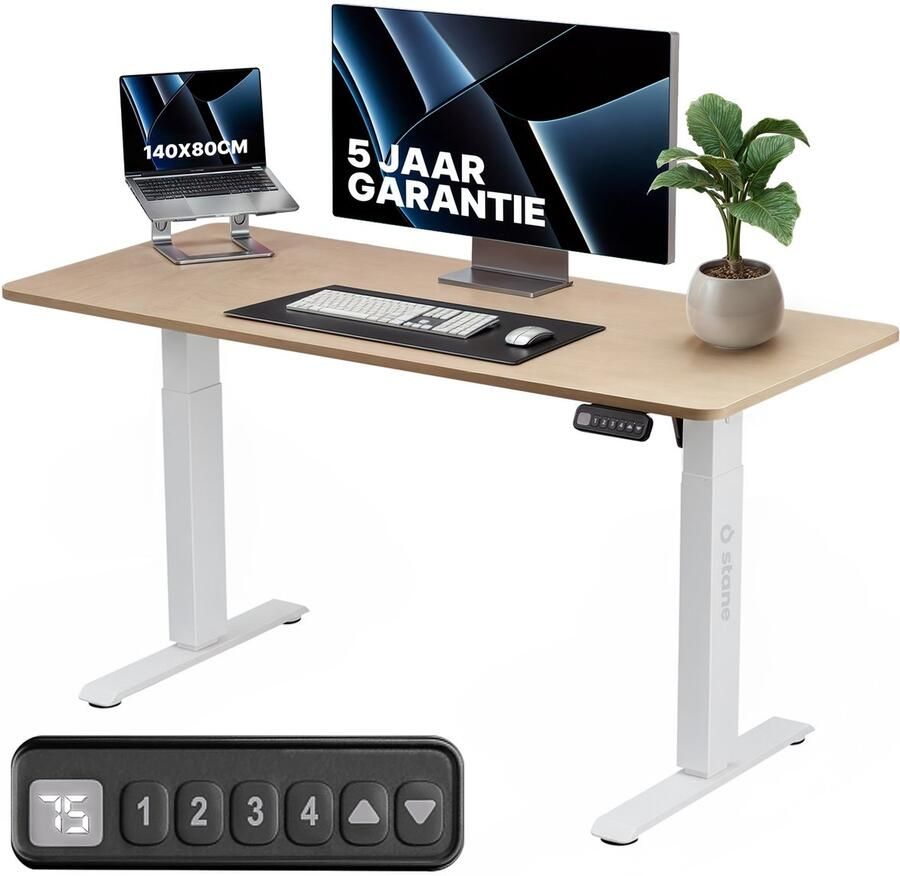 Stane Zit Sta Bureau Elektrisch Verstelbaar 4 Geheugen Standen Incl. Kabelgoot 140 x 80 cm 5 Jaar Garantie Eiken blad Wit Frame