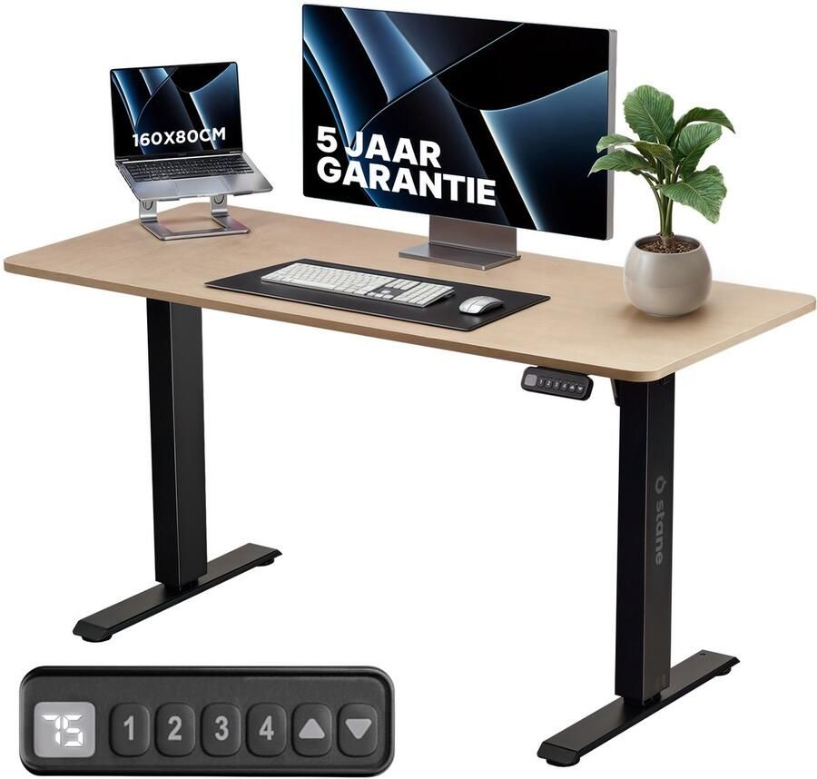 Stane Zit Sta Bureau Elektrisch Verstelbaar 4 Geheugen Standen Incl. Kabelgoot 160 x 80 cm 5 Jaar Garantie Eiken