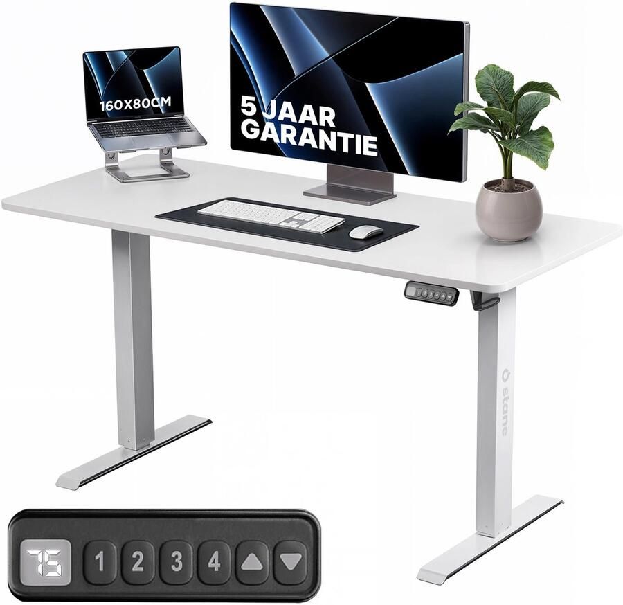 Stane Zit Sta Bureau Elektrisch Verstelbaar 4 Geheugen Standen Incl. Kabelgoot 160 x 80 cm 5 Jaar Garantie Wit