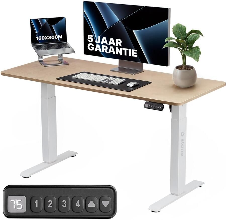 Stane Zit Sta Bureau Elektrisch Verstelbaar 4 Geheugen Standen Incl. Kabelgoot 160 x 80 cm 5 Jaar Garantie Eiken Blad Wit Frame