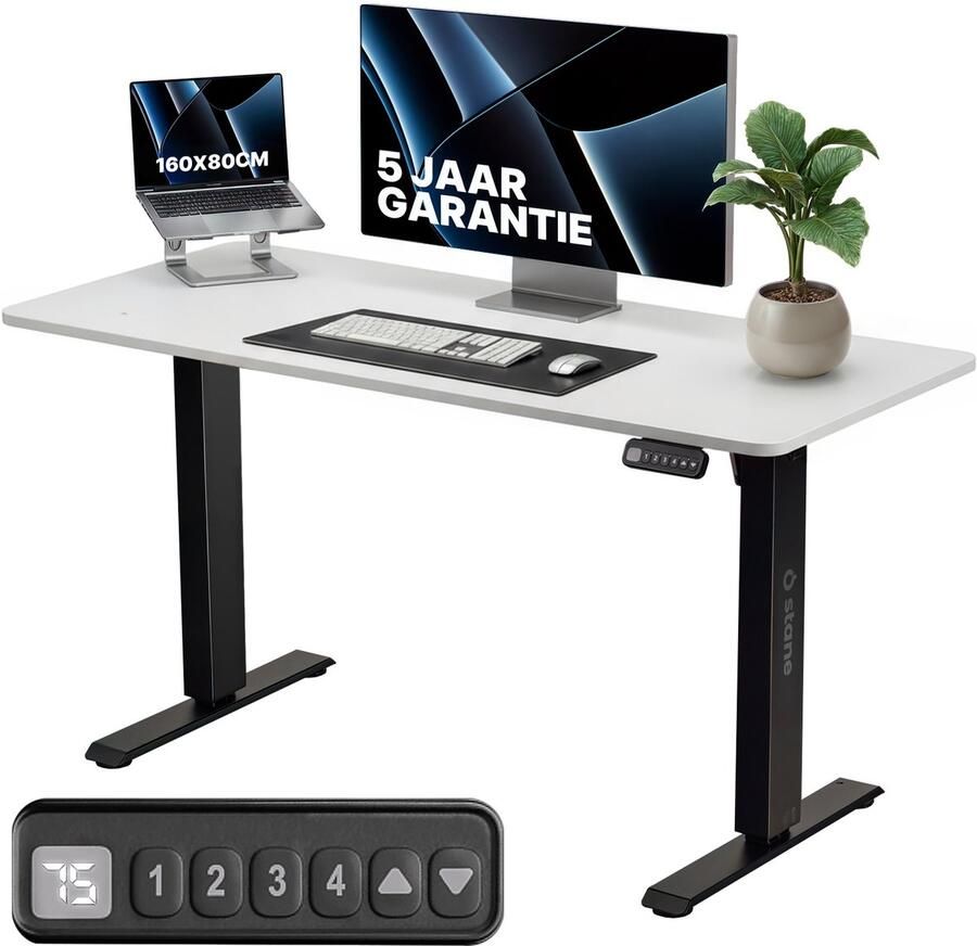 Stane Zit Sta Bureau Elektrisch Verstelbaar 4 Geheugen Standen Incl. Kabelgoot 160 x 80 cm 5 Jaar Garantie Wit Blad Zwart Frame