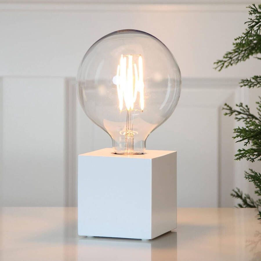 Star Trading tafellamp Kub hout in wit tafellamp met E27 fitting lamp met kabelschakelaar L x B x H: 9 cm