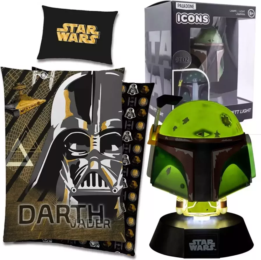 Star Wars Dekbedovertrek Darth Vader 140x200 cm + kussensloop 60x70 cm Zwart Geel incl. Boba Fett Lamp