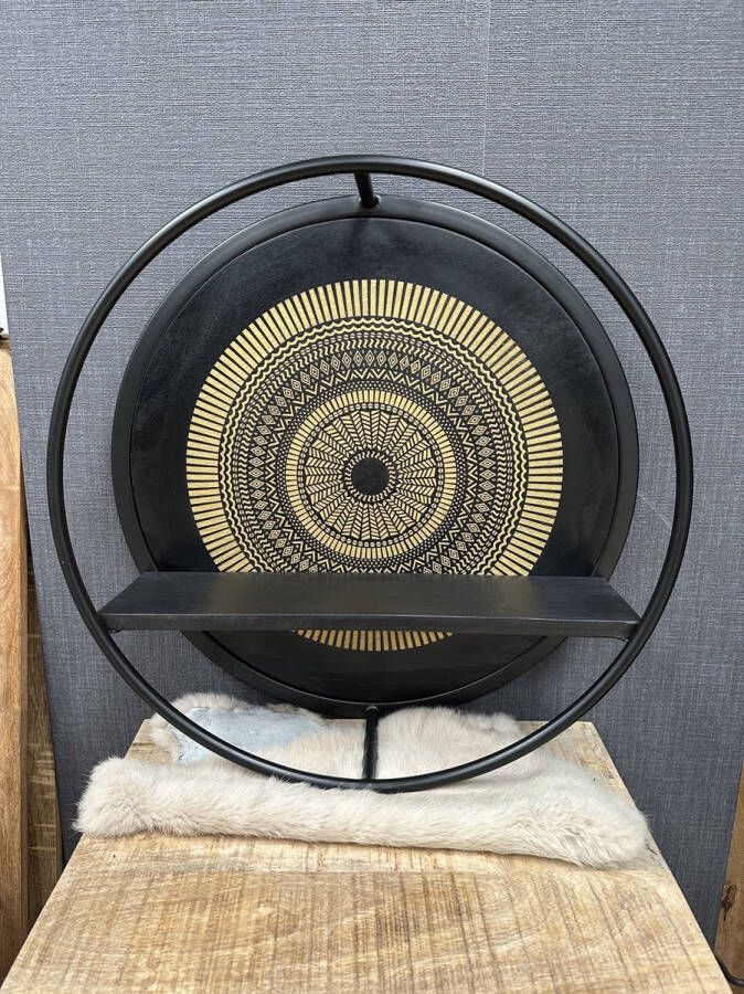 Starfurn Wandrek Mae rond zwart met houtsnijwerk S