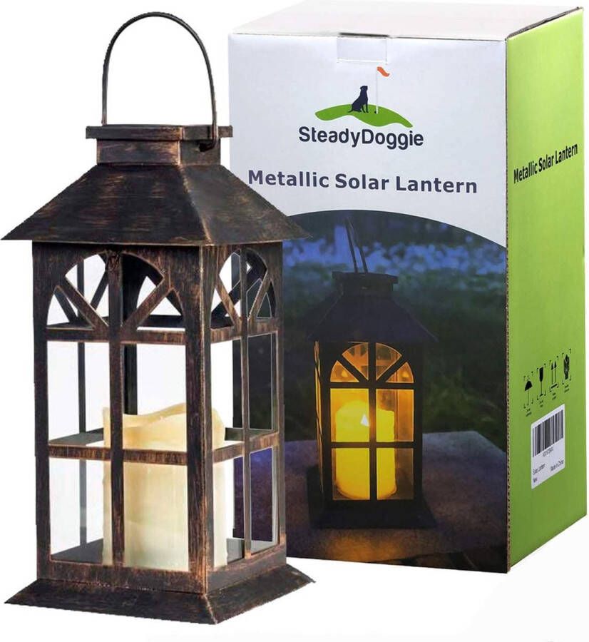 SteadyDoggie Solar Lantaarn: Tafel- & hanglamp antieke stijl weerbestendig 14x14x28cm. Binnen en buiten helder flikkerende LED-kaars