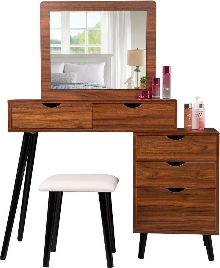 SteeFly Cosmetische Kaptafel Set Met Make-Up Spiegel Met kruk Slaapkamer Dressoirs 2 Lades Nachtkastje Tafel: 80x40x75cm (L x B x H)