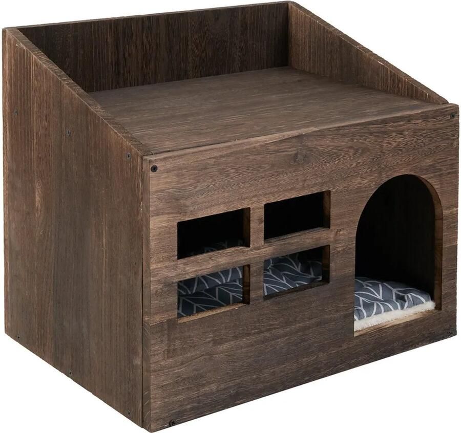 SteeFly Duurzame 2 in 1 Bijzettafel & Katten Mand Houten Kat Cave Dierenmand Nachtkastje Bijzettafel 47.3x35x42cm Bruin