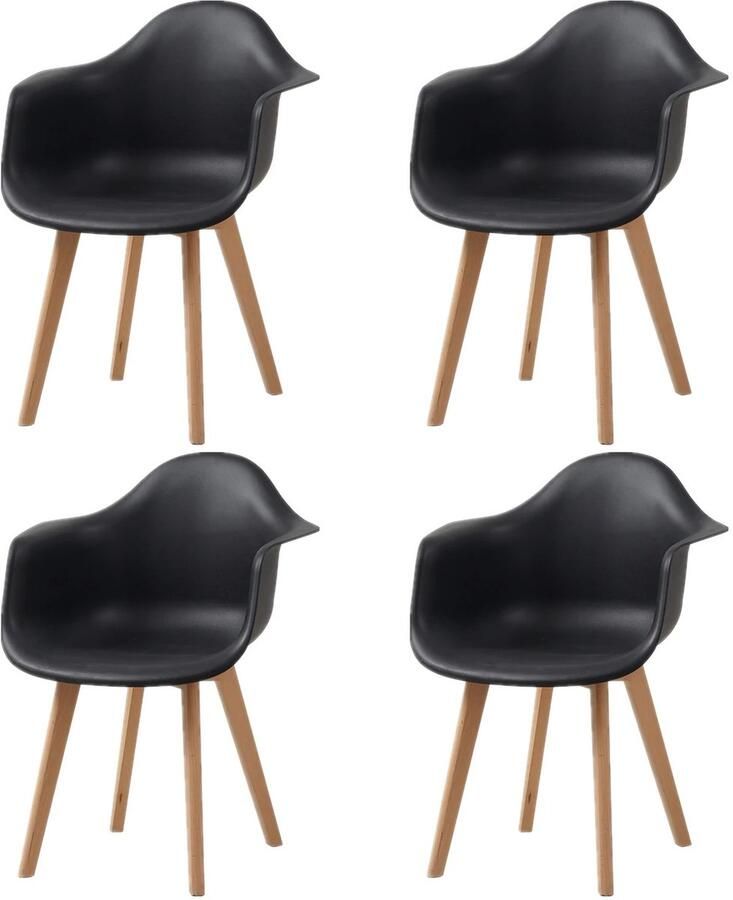 SteeFly Eetkamerstoelen Set Van 4 Retro Design Kunststof Zitting Beukenhouten Poten Woonkamer & Keuken Zwart